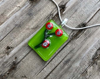 Fused Glass Pendant Necklace - Lime Green Glass - Red Millefiori Flowers on a Stem - Handmade Glass Necklace - Flower Neckace - Handmade