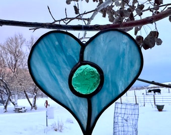 Stained Glass Heart Suncatcher - Blue Green Glass with Green Gem Center - Handmade Artisan Gift - Valentines Day - Christmas Gift