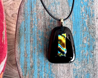 Black Fused Glass Pendant Necklace - Blue Green Orange Dichroic Glass Accent - One of a Kind Handmade Glass Jewelry - Artisan Glass Necklace