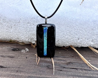 Black Fused Glass Pendant Necklace – Dichroic Blue Green Accent