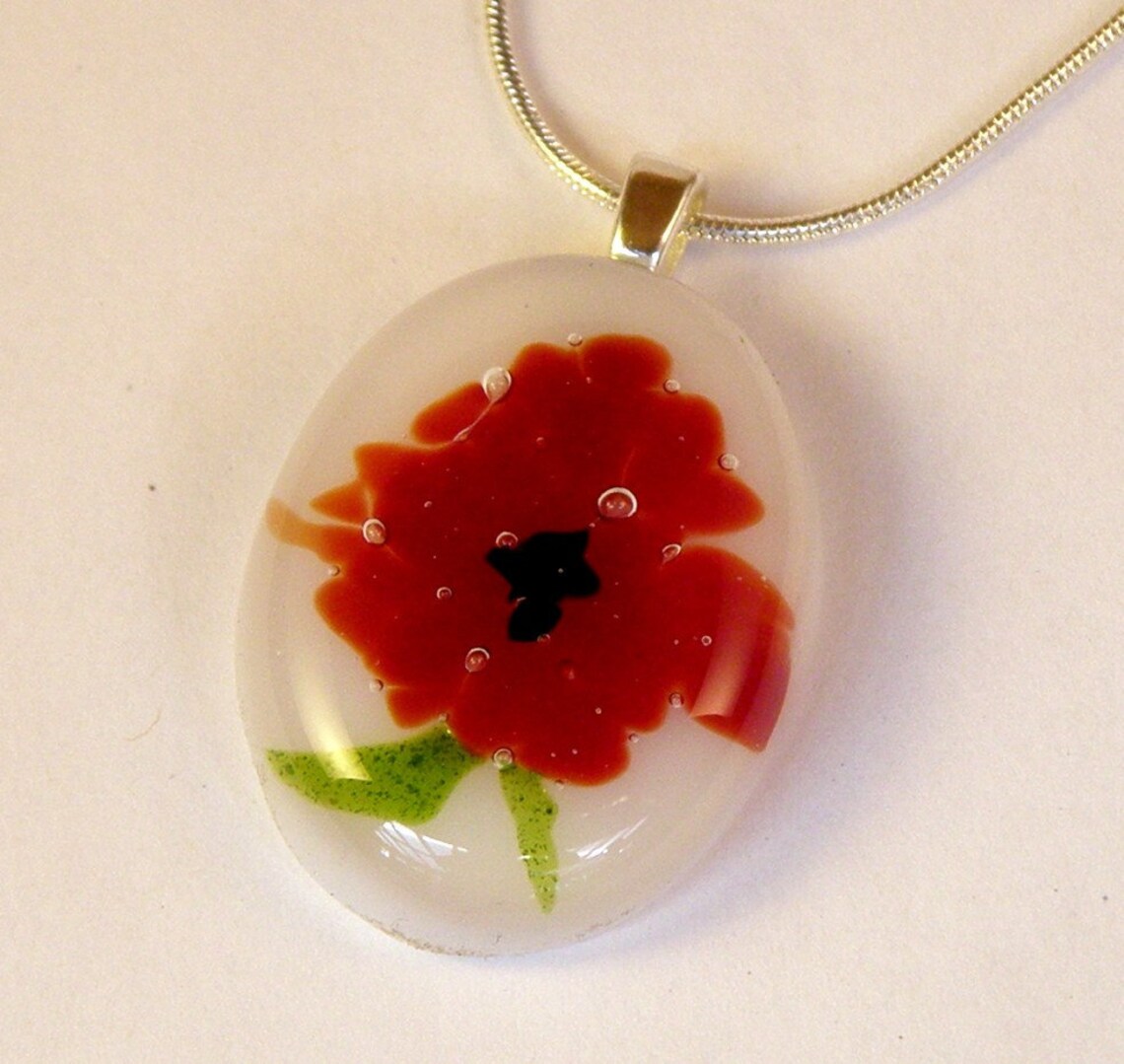Red Poppy Fused Glass Pendant Necklace Handmade Fused Glass Etsy