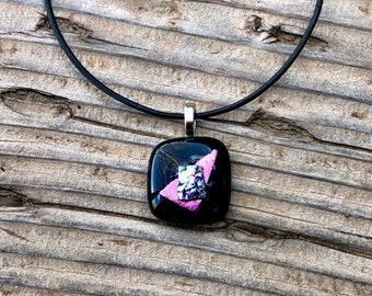 Fused Glass Pendant Necklace - Black Square Pendant - Pink Dichroic Glass Accents - One of a Kind Handmade Glass Jewelry - Glass Pendant