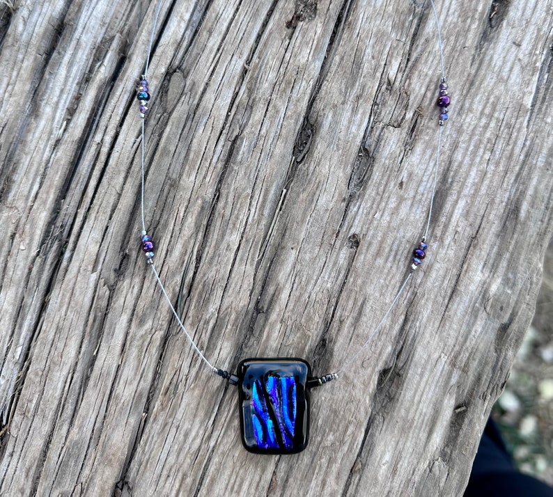 Fused Glass Pendant Necklace Blue Purple Dichroic Glass Black Glass Pendant Beaded Necklace Handmade Gift One of a Kind Necklace image 2