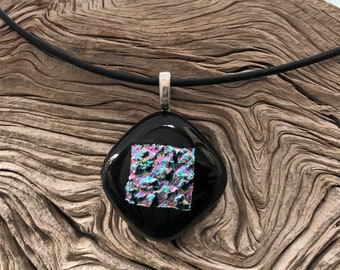 Black Fused Glass Pendant Necklace: Dichroic Pink & Blue Accents