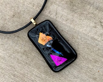 Black Fused Glass Pendant Necklace - Pink Orange and Blue Dichroic Glass Accents - One of a Kind Handmade Glass Jewelry