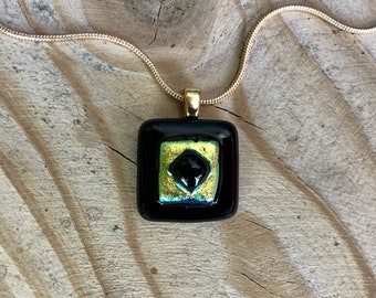 Fused Glass Pendant Necklace: Black Square, Gold Dichroic Accents