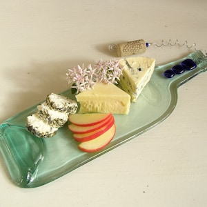 Up-cycled Wine Bottle Cheese and Appetizer Tray - Hostess Gift - Plate - Clear Melted Wine Bottle - Ropyal Blue Glass Accents - Hostess Gift