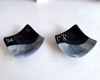 Pair of Black and Gray Swirled Fused Glass Mini Bowl - Jewelry Dish - Handmade Glass - Salt Bowl - Kitchen Decor - Mother's Day Gift