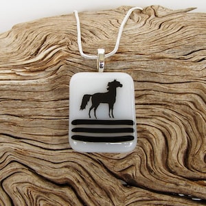 White Fused Glass Horse Pendant Necklace: Black Silhouette