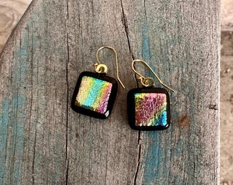 Dichroic Fused Glass Earrings: Black, Pink, Gold - Handmade