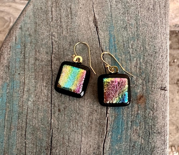 Dichroic Fused Glass Earrings: Black, Pink, Gold - Handmade