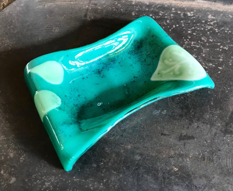 Teal Green Fused Glass Soap Dish Light Green Aspen Leaves Etsy