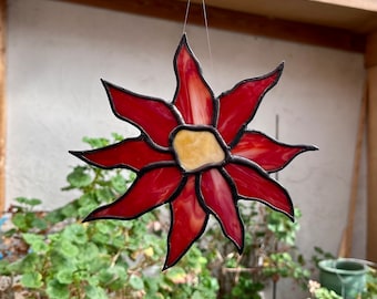 Stained Glass Suncatcher - Red and Yellow Sunflower - Handmade Glass Home Decor - Handmade Gift - Flower Sun Catcher - Window Art