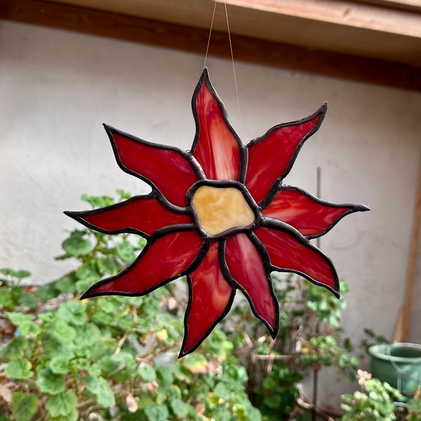 Stained Glass Suncatcher - Red and Yellow Sunflower - Handmade Glass Home Decor - Handmade Gift - Flower Sun Catcher - Window Art