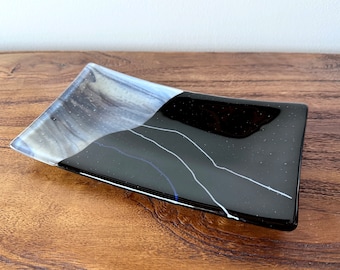 Appetizer or Sushi Serving Plate - Fused Glass - Black Glass with Gray Blue Diagonal Design - Home Kitchen Decor