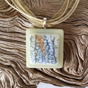 Handmade Fused Glass Pendant Necklace: Beige, Blue, and Ochre