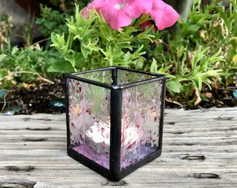 Stained Glass Tea Candle Holder - Pink and Magenta Clear Confetti Glass Candle Holder - Handmade Tea Candle Holder - Table Setting