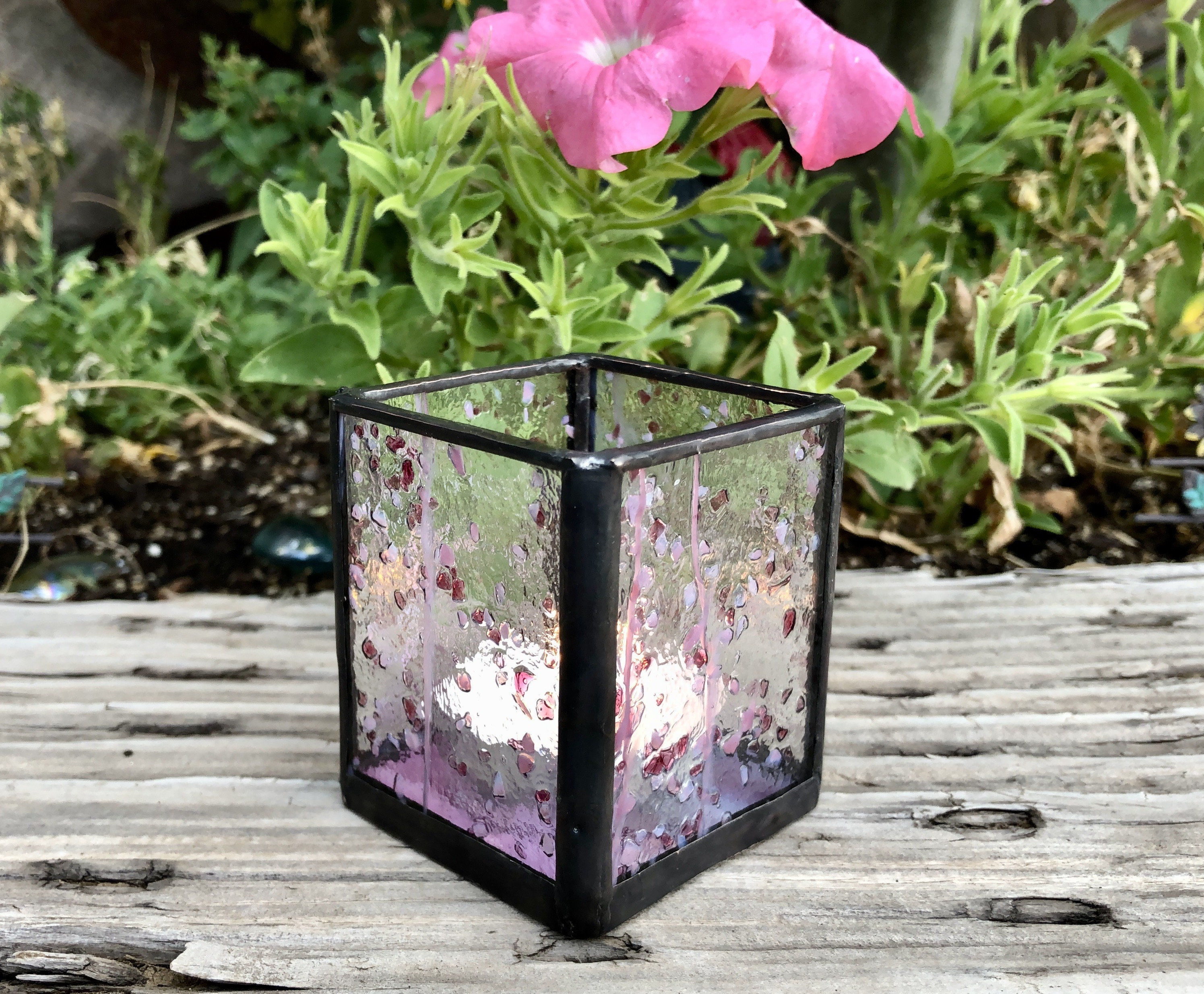 Stained Glass Tea Candle Holder Pink and Magenta Clear Confetti Glass