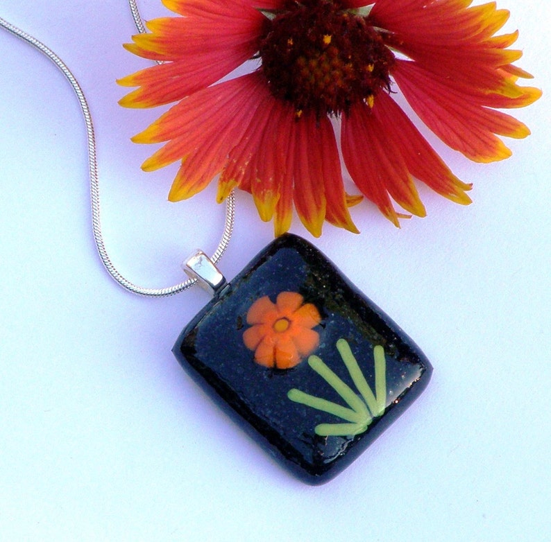 Fused Glass Pendant Necklace Orange Flower on Black Glass Etsy