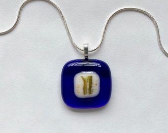 Fused Glass Pendant Necklace - Cobalt Blue with Earth Tones Abstract Accent - Handmade Fused Glass Jewelry - Artisan Gift - Glass Jewelry