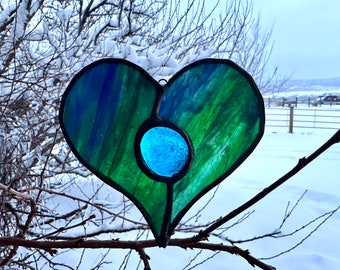 Stained Glass Heart Suncatcher - Blue Green Glass with Turquoise Blue Gem Center - Handmade Artisan Gift - Valentines Day - Mother Earth