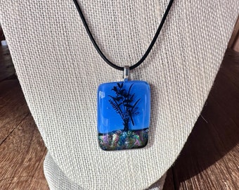 Fused Glass Pendant Necklace - Black Dragonfly and Flowers on Aquamarine Blue and Pink and Black Dichroic Glass - Handmade Glass Jewelry