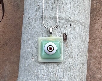 Fused Glass Pendant - Cream - Sea Green with White Italian Millefiori - Glass Pendant Necklace - Handmade Glass Jewelry - Original Glass