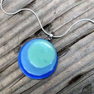 Handmade Fused Glass Pendant Necklace: Blue Green Circle, Silver Chain
