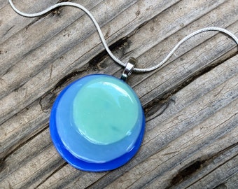 Handmade Fused Glass Pendant Necklace: Blue Green Circle, Silver Chain
