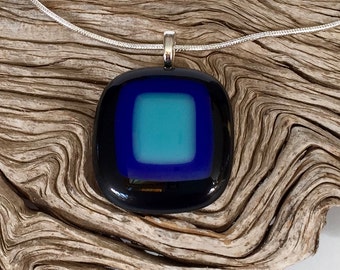 Fused Glass Pendant Necklace - Black - Royal Blue - Aquamarine - Handmade Fused Glass Jewelry - Artisan Gift - Glass Pendants - Geometric