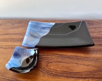 Appetizer or Sushi Serving Plate and Bowl Set - Fused Glass - Black Glass with Blue Streaked Glass - Kitchen Decor - Entertaining - Gift