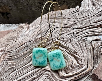 Fused Glass Earrings: Sea Green Teal with Gold Dragonfly
