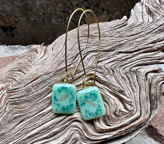 Fused Glass Earrings: Sea Green Teal with Gold Dragonfly
