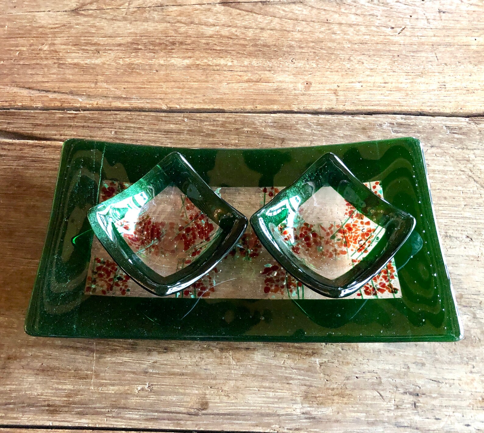 Mini Bowls Fused Glass Two Dipping Bowls Green and Red Checker Design