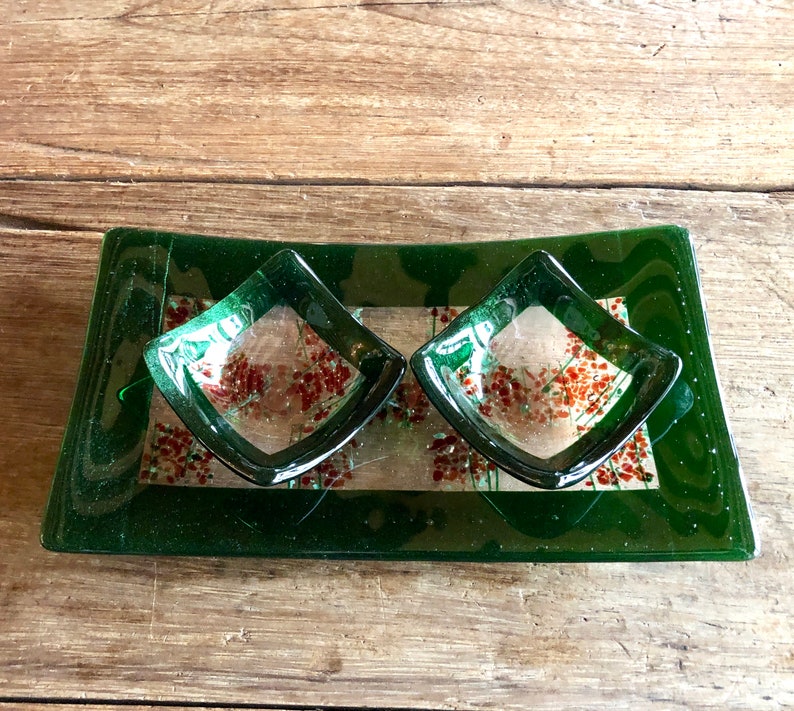 Mini Bowls Fused Glass Two Dipping Bowls Green and Red Checker Design