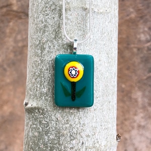 Fused Glass Pendant Necklace - Teal Blue Green with Yellow Flower - Yellow Orange Millefiori Flower - Wearable Glass Art - Handmade Glass