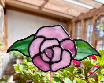 Stained Glass Rose Plant Stake - Pink Flower - Stained Glass Flower - Handmade Glass - Spring - Gift