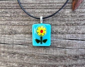 Fused Glass Pendant Necklace: Light Blue Millefiori Flower, Handmade Jewelry