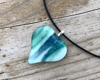 Green and White Fused Glass Heart Pendant Necklace - Fused Glass Jewelry - Handmade Jewelry - Valentines Day Gift - Heart Jewelry