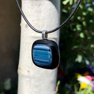 Fused Glass Pendant Necklace - Black with Multi Blue Center - Handmade Fused Glass Jewelry - Artisan Gift - Unique Glass Jewelry