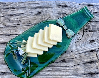 Upcycled Beer Bottle Butter Dish: Dichroic Glass Bowtie, Green Glass Plate