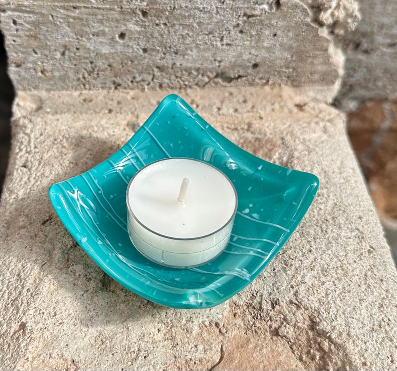 Fused Glass Mini Bowl, Tea or Votive Candle Holder, Teal Green Blue, Handmade Glass Art, Home Decor, Hostess Gift, Mothers Day Gift, Glass image 3