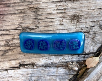 Fused Glass Barrette - Teal Blue Glass with Blue Accent Squares - Handmade Hair Accessory - Artisan Glass Hair Clip - Great Christmas Gift