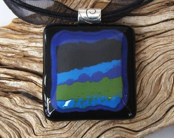 Abstract Fused Glass Pendant Necklace - Olive Green - Blue - Black - Handmade Glass Jewelry