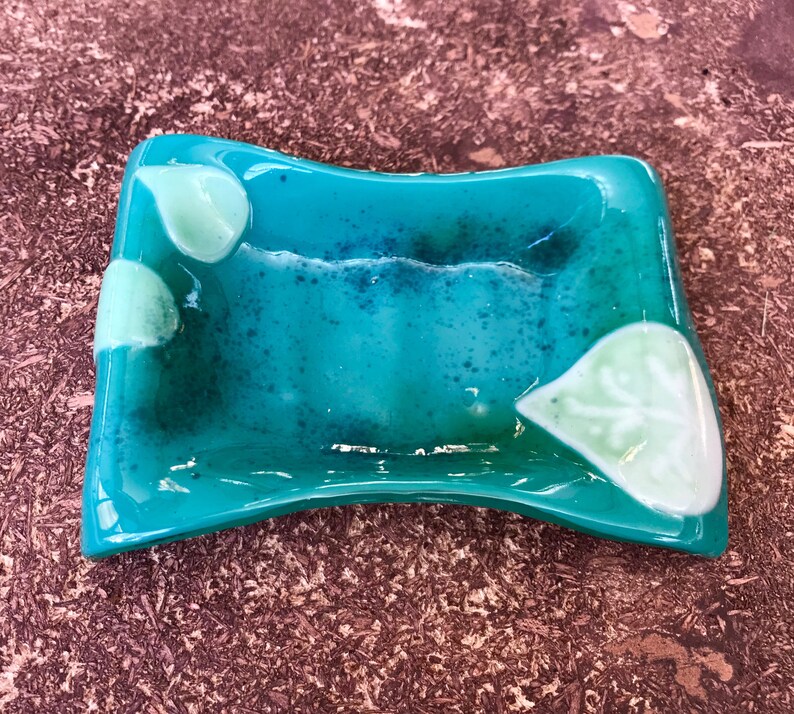 Teal Green Fused Glass Soap Dish Light Green Aspen Leaves Etsy