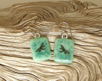 Fused Glass Dragonfly Earrings: Sea Green Teal Sterling Silver