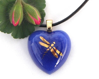 Fused Glass Heart Pendant Necklace - Cobalt Blue with Gold Dragonfly Decal - Fused Glass Jewelry