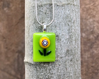 Fused Glass Pendant Necklace - Lime Green with Yellow Flower - Yellow Orange Millefiori Flower - Wearable Glass Art - Handmade Glass