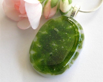 Christmas Green - Fused Glass Pendant Necklace with Silver Snake Chain Necklace - Handmade Glass Jewelry - Stocking Stuffer - Handmade Gift