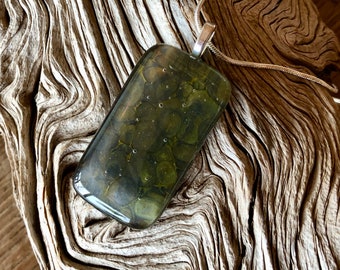 Handmade Fused Glass Pendant Necklace – Olive Green, Artisan Jewelry